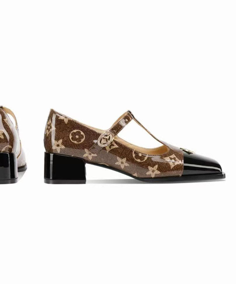 Coffee Buckle Strap Print Splicing Faux Leather Chunky Sandals