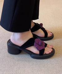 Black Floral Splicing Chunky Slide Sandals Peep Toe