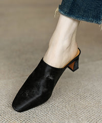 French Brown Satin Cowhide Leather Chunky Heel Slide Sandals