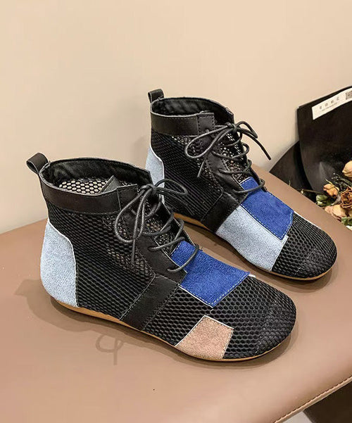 Black Lace Up Breathable Mesh Unique Splicing Boots