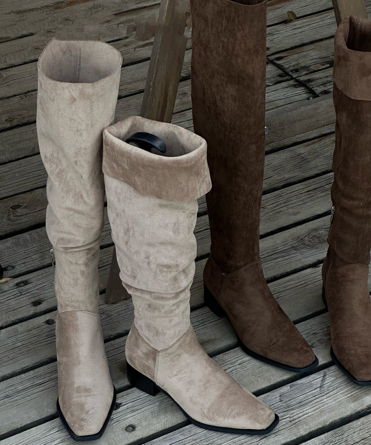Chic Zippered Splicing Chunky Boots Beige Suede