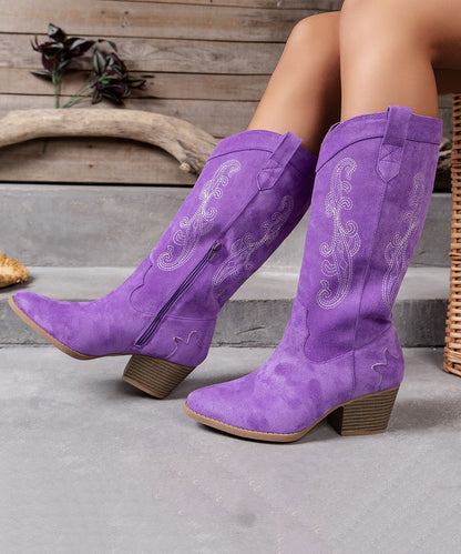 New Purple Embossed Zippered Boots Chunky Suede Pointed Toe Boots