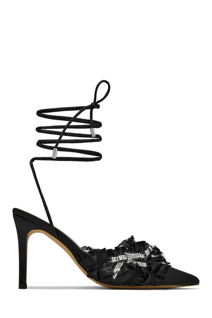 La Beauté Embellished Lace Up Pump Heels - Black