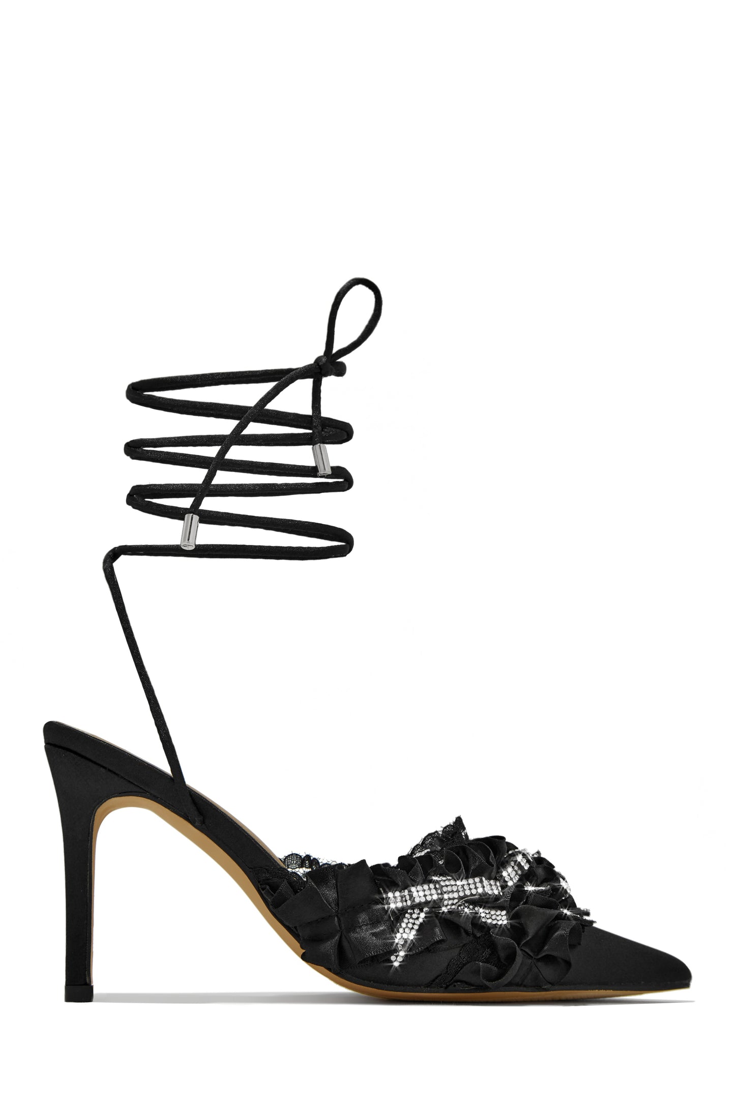 La Beauté Embellished Lace Up Pump Heels - Black