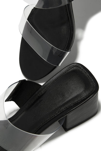 Yara Clear Strap Block Mid Heel Mules - Black