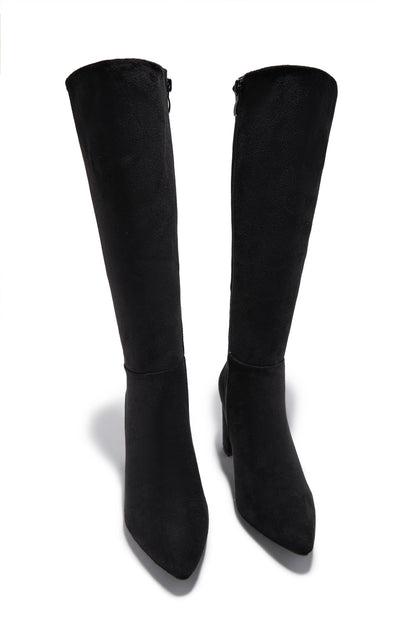 Fine Time Block Heel Knee High Boots - Black Suede
