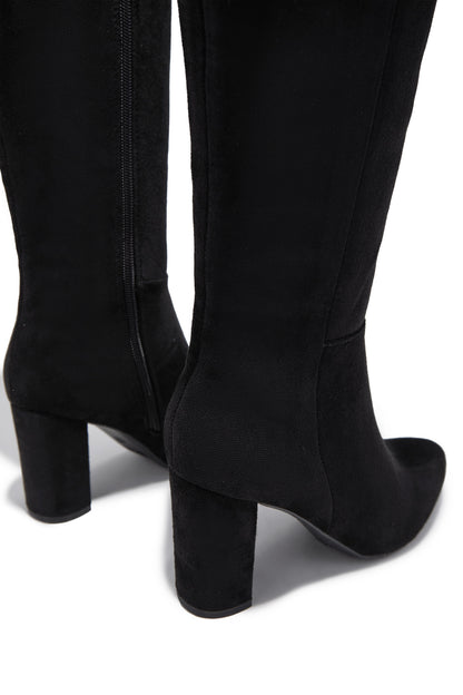 Fine Time Block Heel Knee High Boots - Black Suede
