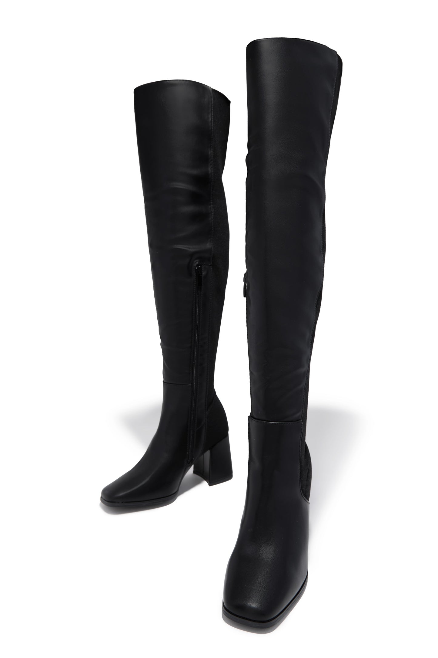 Mandy Block Heel Over The Knee Boots - Black PU