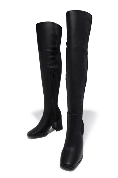 Mandy Block Heel Over The Knee Boots - Black PU