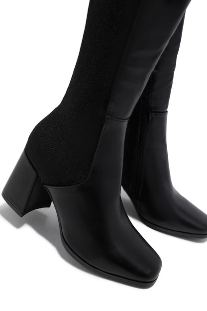Mandy Block Heel Over The Knee Boots - Black PU