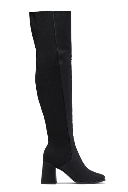 Mandy Block Heel Over The Knee Boots - Black PU