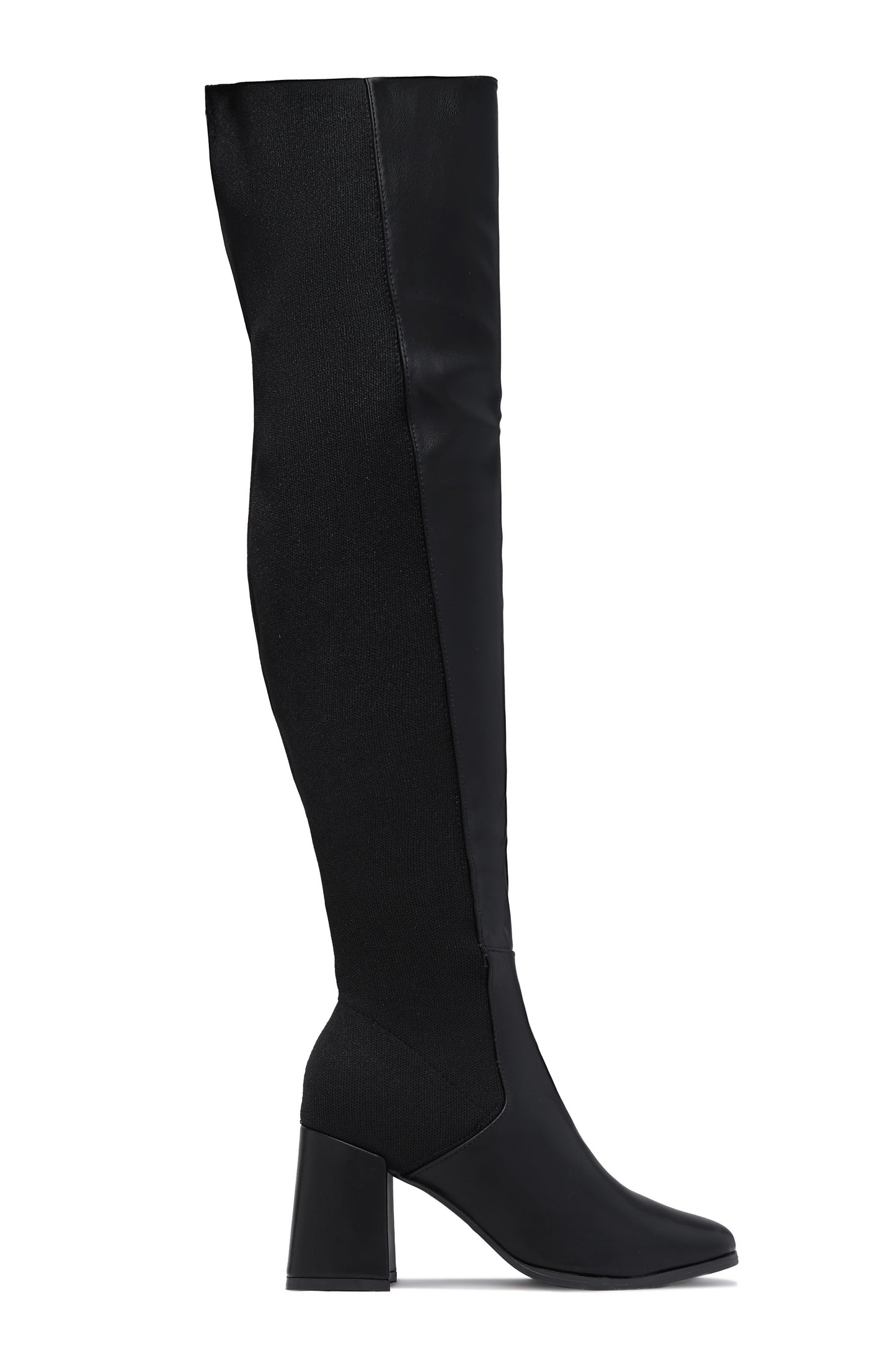 Mandy Block Heel Over The Knee Boots - Black PU