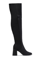 Mandy Block Heel Over The Knee Boots - Black PU