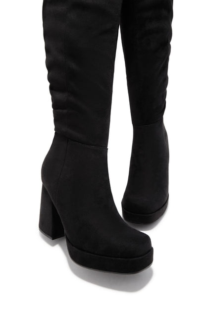 Hudson Platform Block Heel Boots - Black Suede