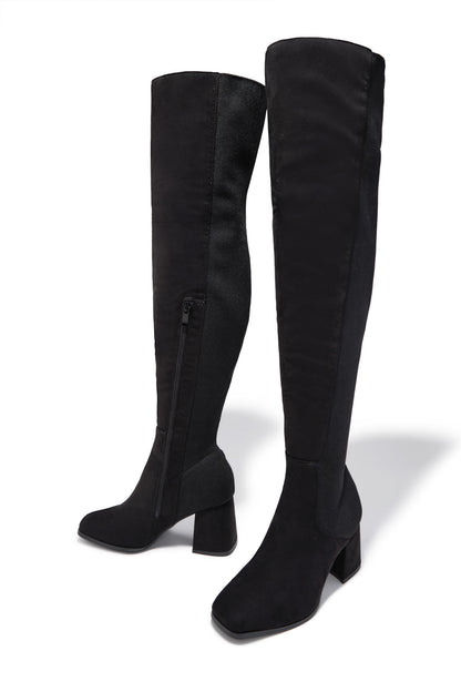 Mandy Block Heel Over The Knee Boots - Black Suede
