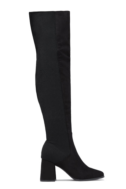 Mandy Block Heel Over The Knee Boots - Black Suede