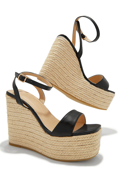 Poolside Espadrille Platform Wedges - Black