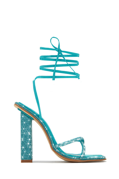 Crystal Embellished Lace Up High Heels - Aqua