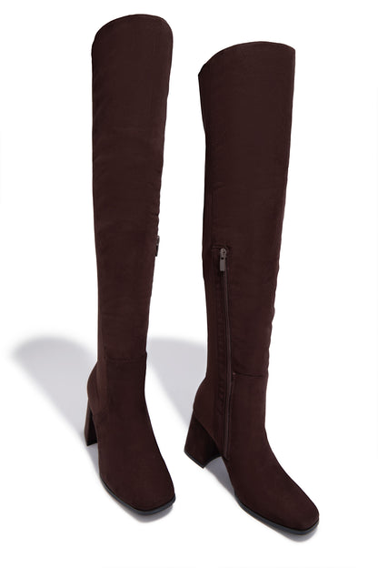 Mandy Block Heel Over The Knee Boots - Brown Suede