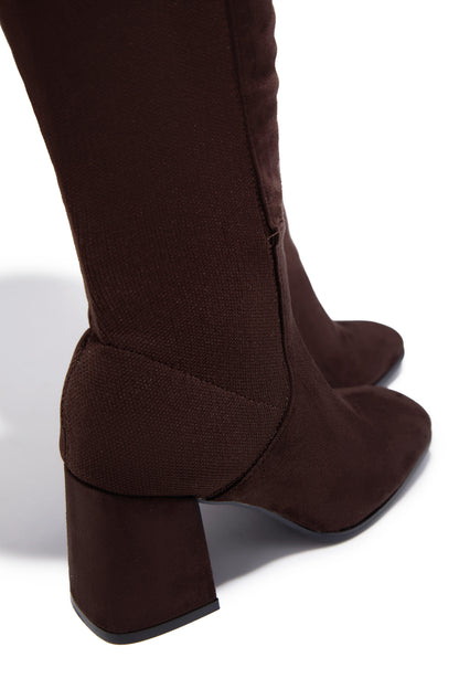 Mandy Block Heel Over The Knee Boots - Brown Suede