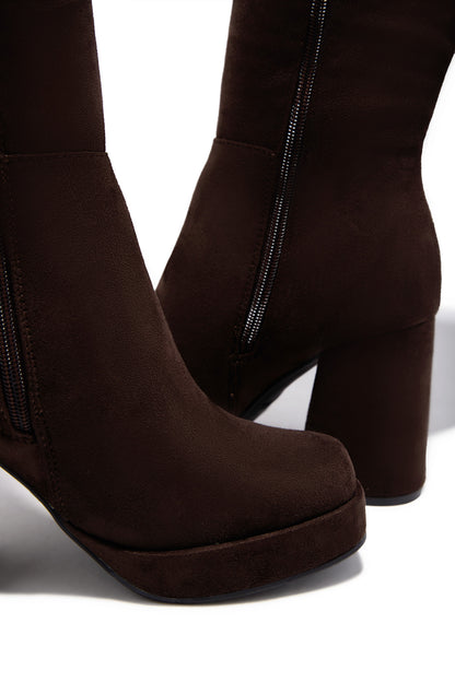 Hudson Platform Block Heel Boots - Brown Suede