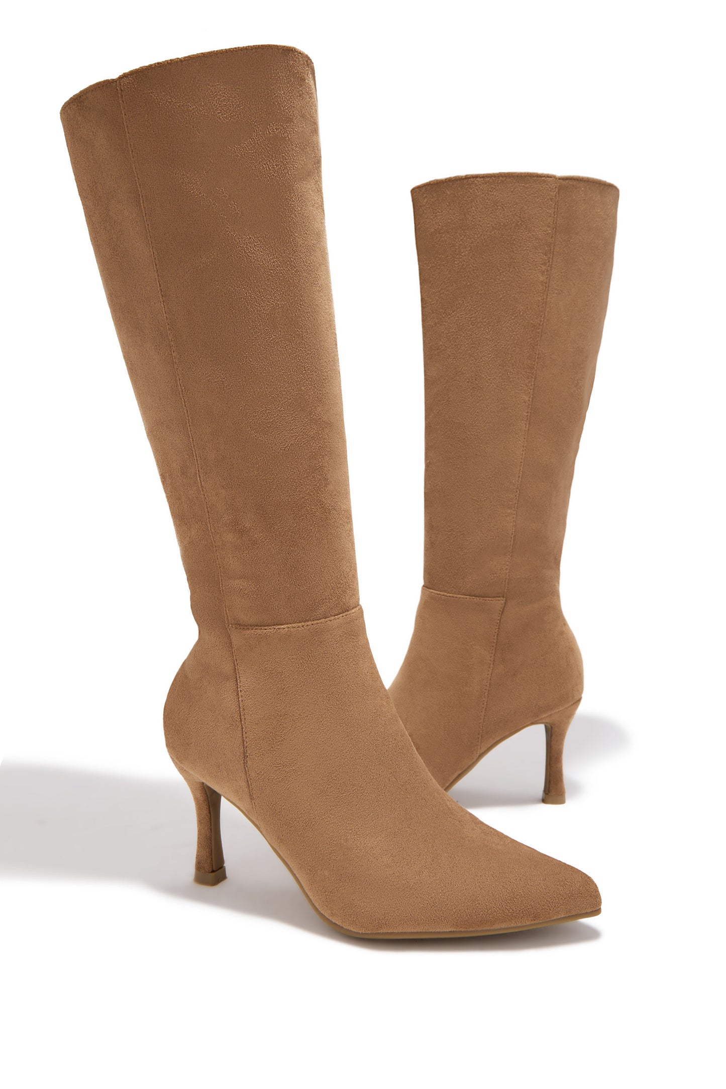 Zama Knee High Heel Boots - Camel Suede