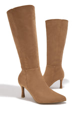 Zama Knee High Heel Boots - Camel Suede