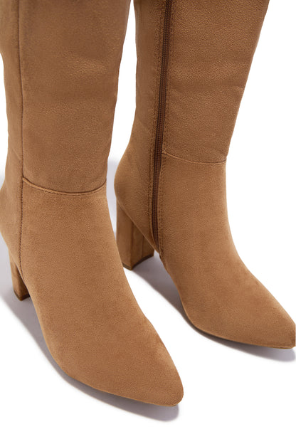 Fine Time Block Heel Knee High Boots - Camel Suede