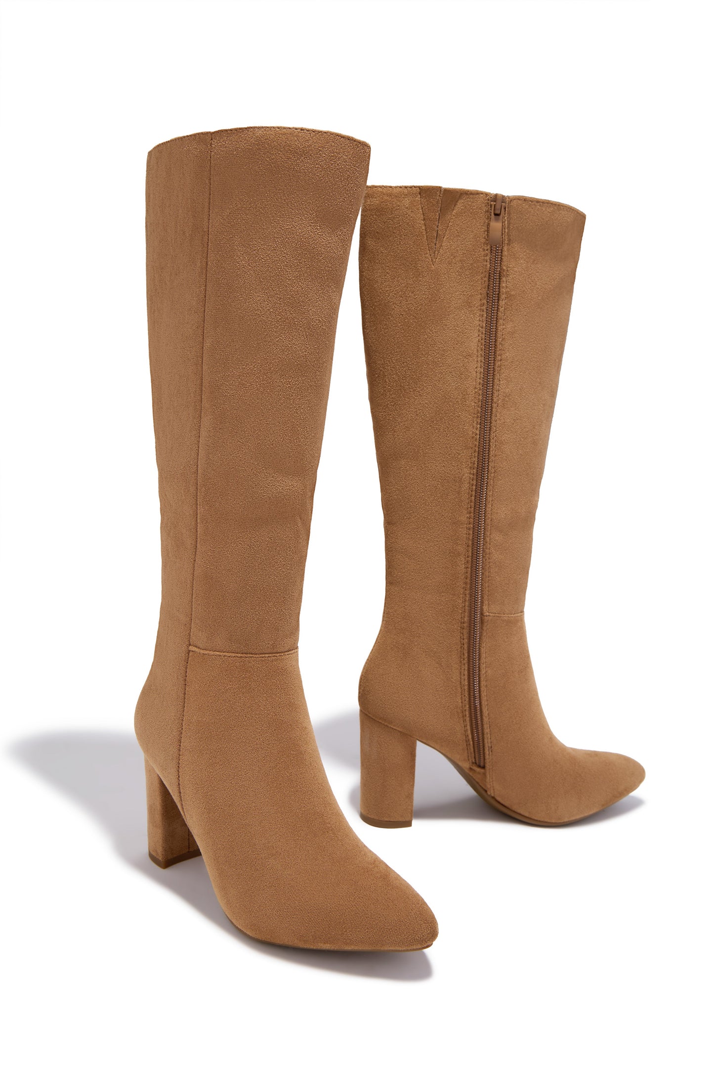 Fine Time Block Heel Knee High Boots - Camel Suede