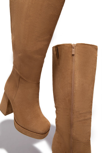 Hudson Platform Block Heel Boots - Camel Suede