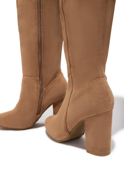 Colette Wide Fit Block Heel Boots - Camel Suede