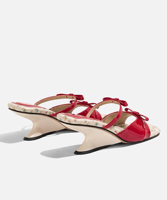 Fashion Bow Splicing Wedge Pink Faux Leather Slide Sandals Peep Toe