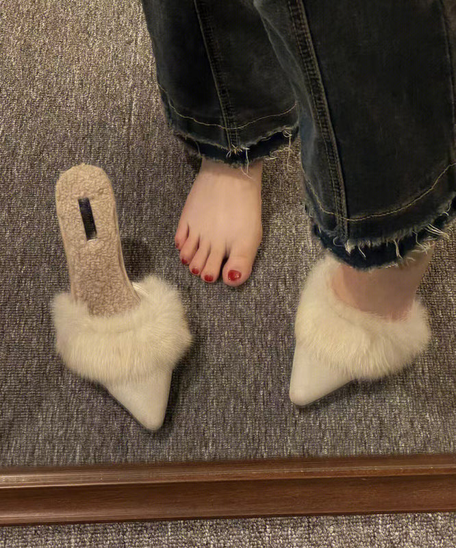 New Pink High Heels Slippers Pointed Toe Fuzzy Wool Lined