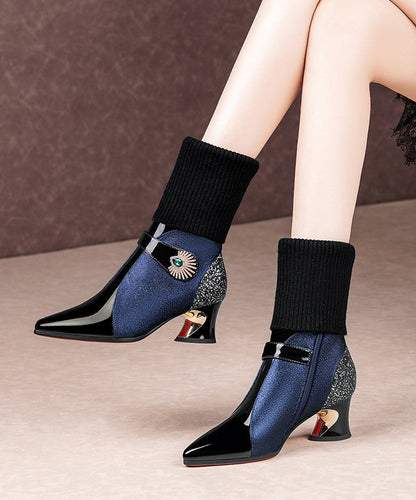 Black Boots Splicing Zircon Chunky Cowhide Leather Fuzzy Wool Lined