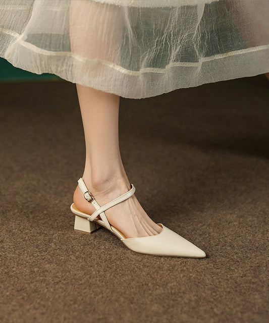Chic Beige Splicing Cowhide Leather Chunky Sandals Pointed Toe