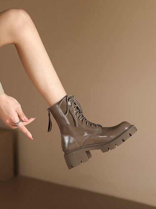 Lace-Up Round-Toe Solid Color Zipper Chunky Shoes Height Increasing Boots