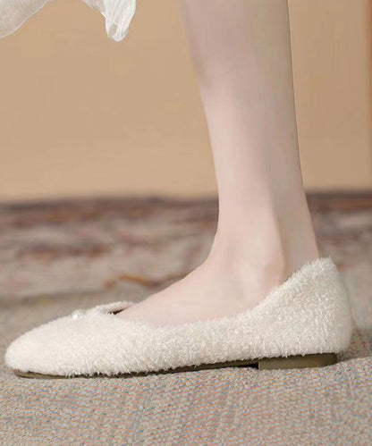 Beige Comfortable Versatile Fuzzy Fur Fluffy Flat Feet Shoes