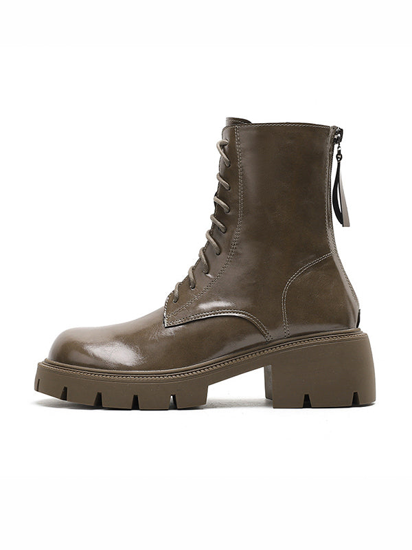 Lace-Up Round-Toe Solid Color Zipper Chunky Shoes Height Increasing Boots