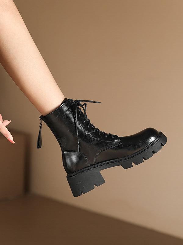 Lace-Up Round-Toe Solid Color Zipper Chunky Shoes Height Increasing Boots