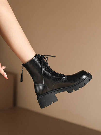 Lace-Up Round-Toe Solid Color Zipper Chunky Shoes Height Increasing Boots