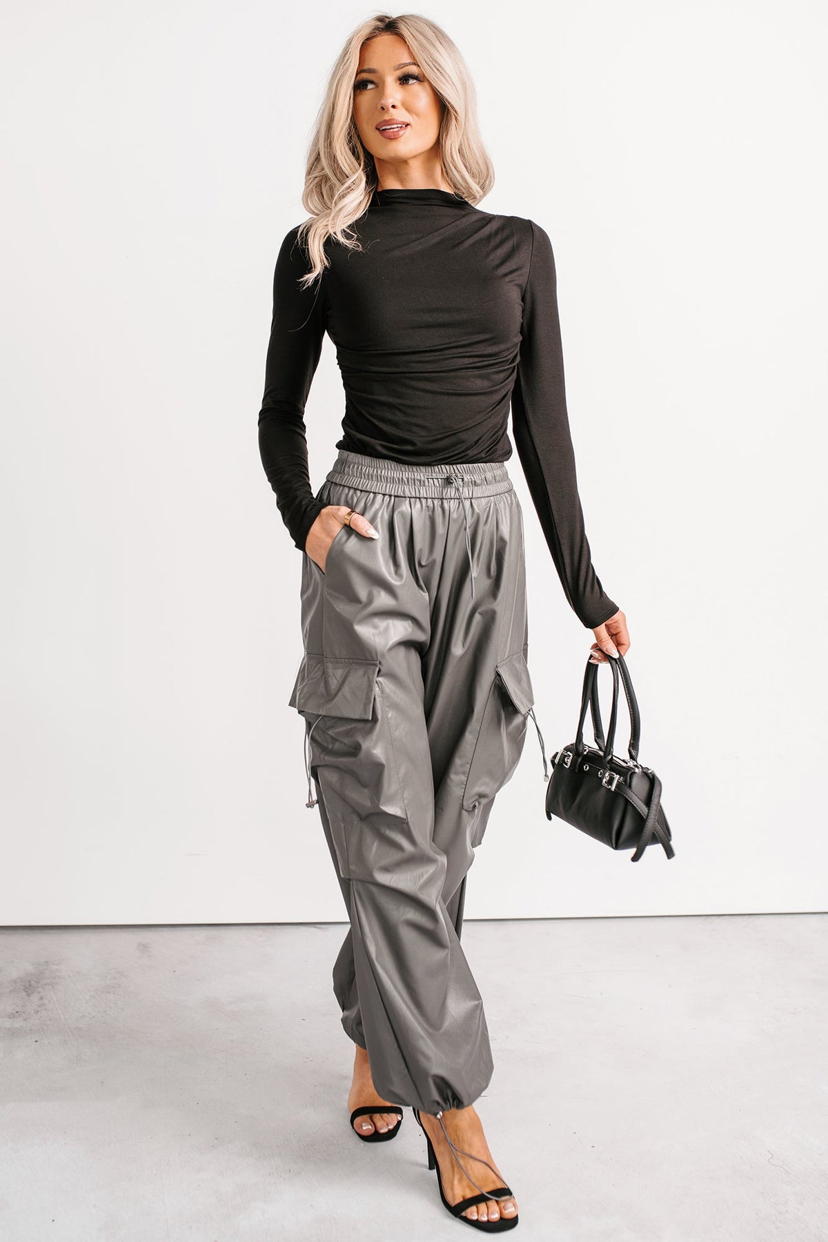 Don’t Be Shy Faux Leather Cargo Pants (Grey)
