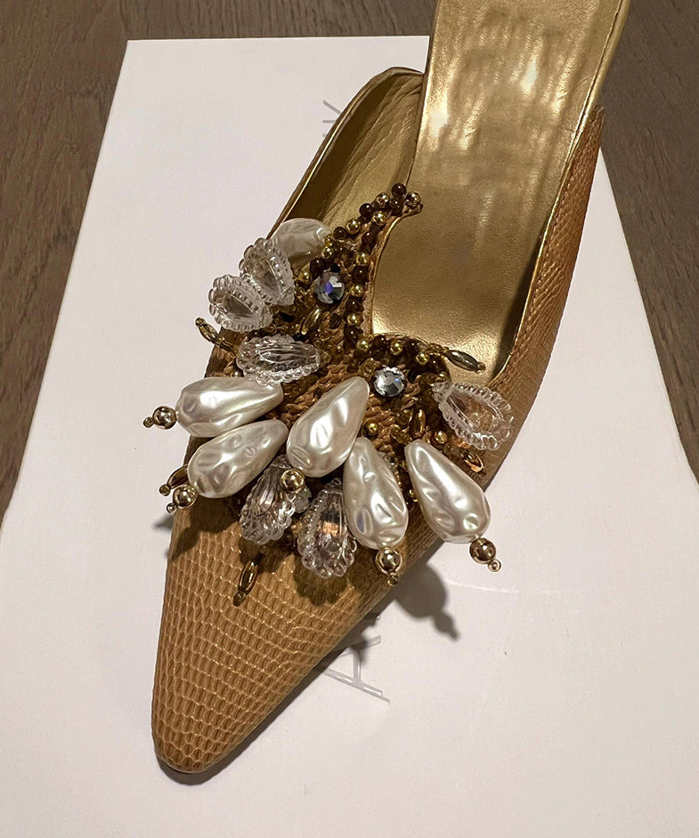 Golden Slide Sandals New French Pointed Toe Bead Decorated