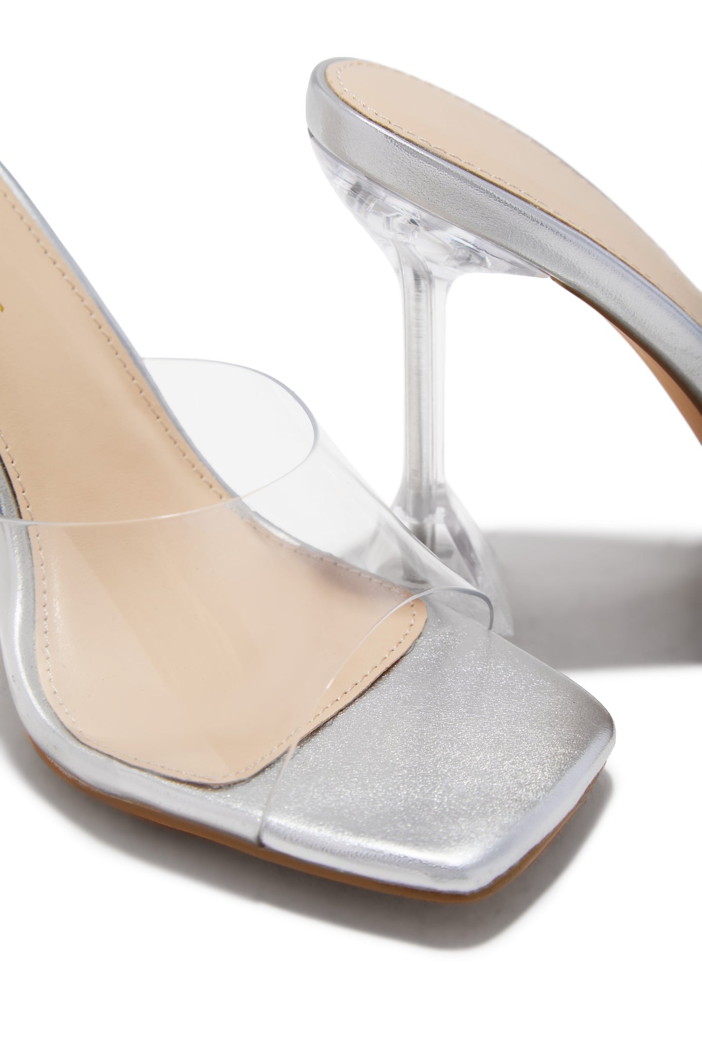 Demie Clear Strap Mule Heels - Silver
