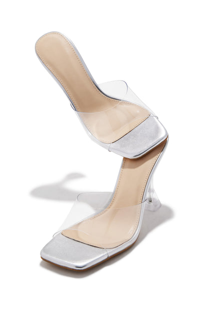 Demie Clear Strap Mule Heels - Silver