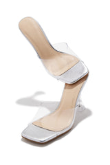 Demie Clear Strap Mule Heels - Silver