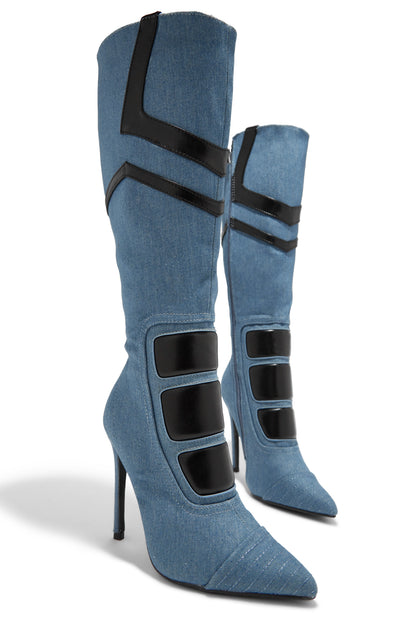 Midnight Sky Moto Style Knee High Heel Boots - Denim