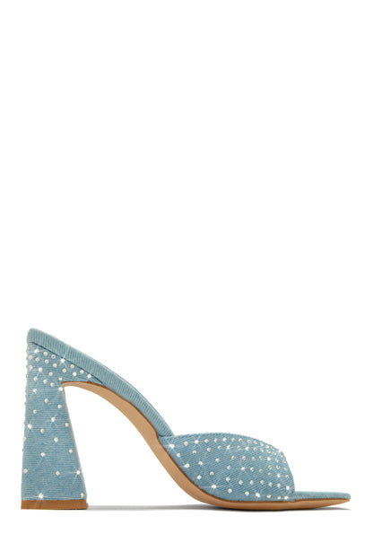 Azaria Embellished Block Heel Mules - Denim