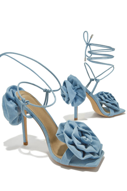 Divine Bloom Rosette Lace Up Heels - Denim