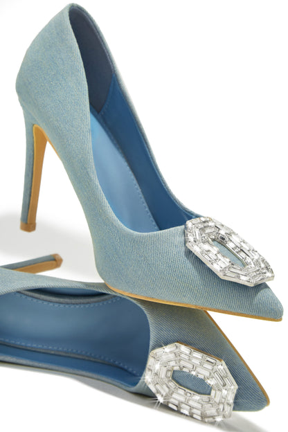 Kiara Embellished Pointed Toe Pumps - Denim