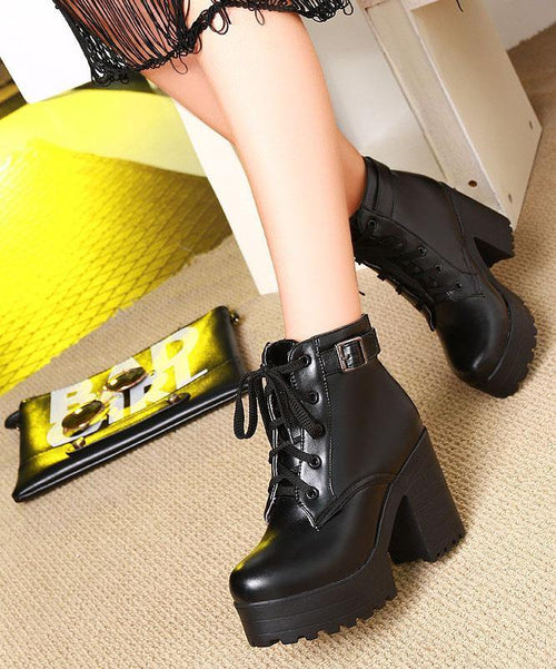 Black Faux Leather Boots Cross Strap Chunky Heel